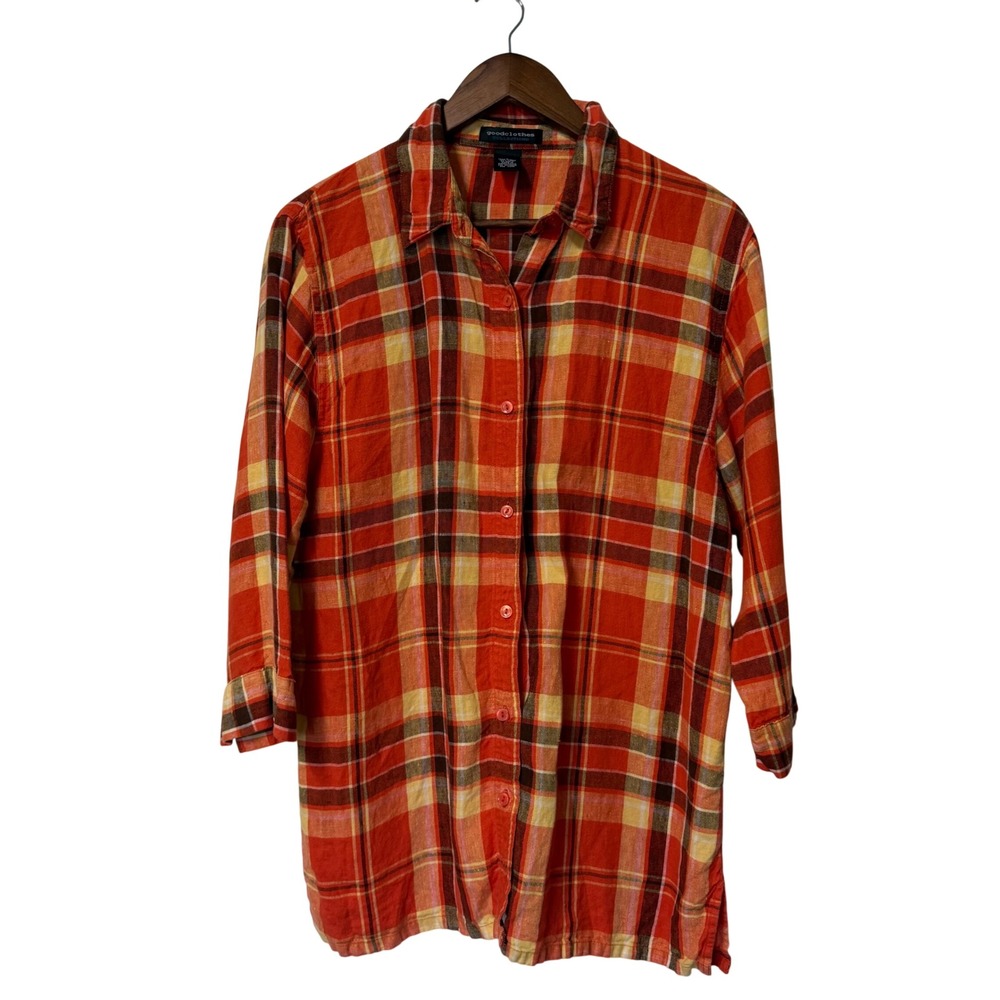 Goodclothes Collections Button Down Women L‎ Orange Plaid 100% Linen Tunic Shirt